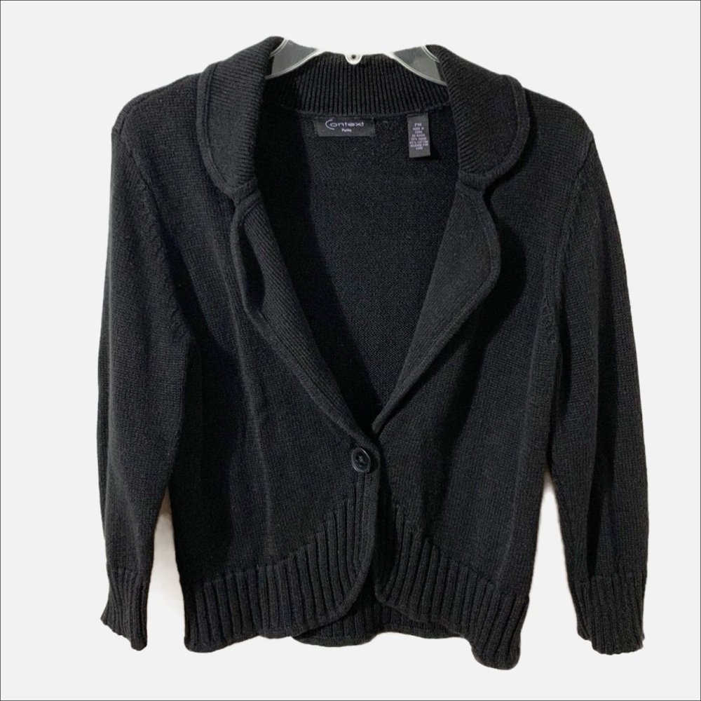 Context Petites Ramie Cotton Blend  3/4 Sleeve One Button Cardigan Sweater Black